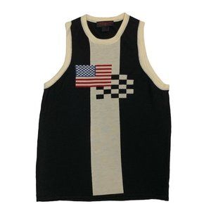 Black & Cream Sleeveless Tank Top with Flag and Check Graphic